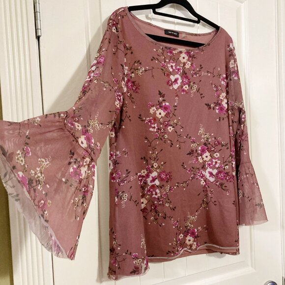 VERVE AMI Mauve long bell sleeve mesh overlay plus size blouse ~ XL XXL 2X shirt - Picture 3 of 13